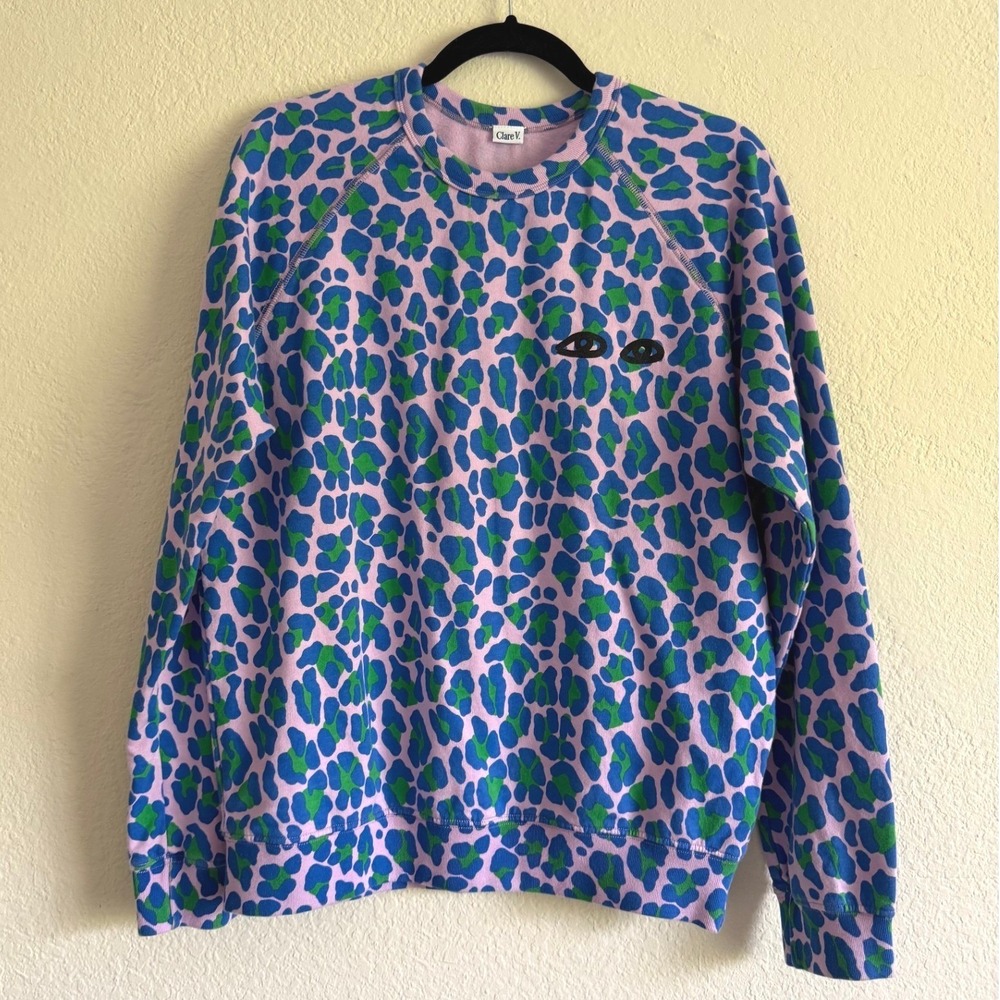 Clare V Women Pink Blue Leopard Print Eye Graphic Sweatshirt Small Made in USA